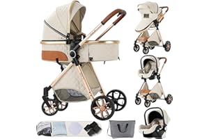 NADDLILY Passeggino Trio, Passeggino 3 in 1 con Spinta Reversibile a Due Vie, Trio Passeggino Neonati con Accessori, Carrozzina per Neonati con Design Portatile Pieghevole Un Clic (V9 Creamy White)