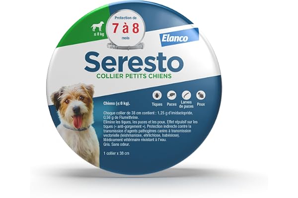 Seresto Collier Petits Chiens – Collier anti puces et anti tiques pour petits chiens de moins de 8 kg – Protection Seresto pour 7 à 8 mois de protection, réduit le risque de leishmaniose – Gris