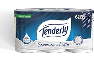 Tenderly Carezza di Latte, 6 Rotoli di Carta Igienica Morbidissima 2 Veli, 250* Strappi per Rotolo, Realizzata con Fibre 100% Naturali di Latte, Made in Italy