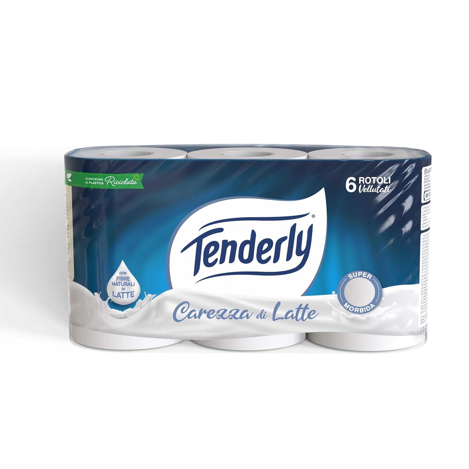 Tenderly Carezza di Latte, 6 Rotoli di Carta Igienica Morbidissima 2 Veli, Realizzata con Fibre 100% Naturali di Latte, Made in Italy