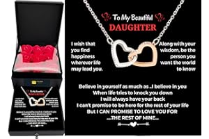 LOVAMILY Daughter Necklace Gift from Mom Dad Interlock Heart Pendant with Message Card in Red Eternity Rose Flower Box Present on Birthday Mother's Day Christmas Graduation Mother Father