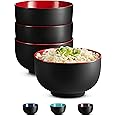 KooK Japanese Ceramic Noodle Bowl, Deep Interior, Black and Red, 38oz, Set of 4