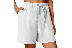 ANNSEMO Cotton Linen Shorts for Women UK Plain Pull on Elasticated Waist with Pockets Ladies Summer Casual Lounge Hot Pant Drawstring Straight Leg Loose Pants Lightweight Comfy Beach Shorts