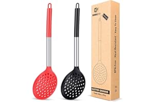BUNDLEPRO Pack of 2 Kitchen Ladle Strainer, Large Slotted Spoon with High Heat Resistant,BPA Free Non Stick Cooking Skimmers for Draining & Frying (Black-Red)