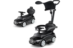 COSTWAY 3 in 1 Auto a Spinta, Mercedes-Benz Macchina Cavalcabile, con Schienale Regolabile Suono Barra di Spinta e Tettuccio, per Bambini 18-36 Mesi (Nero)