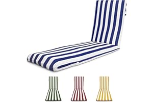 TIENDA EURASIA - Cojín para Tumbona de Jardín, Relleno de Fibra Acolchada, Funda de Tela Lavable con Cremallera, Medida 180x50x5 cm, Diseño de Rayas, Cintas y Capucha de Sujeción (Azul Marino)