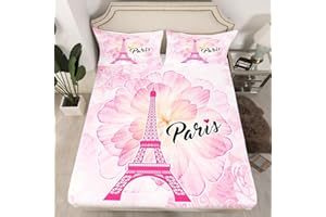 MANFEI Paris Fitted Sheet Single Size, Pink Floral Eiffel Tower Bed Cover with 1 Pillowcase, Watercolor Flower Bedding Set 2pcs for Kids Boys Girls Room Decor, Soft Polyester Bedding
