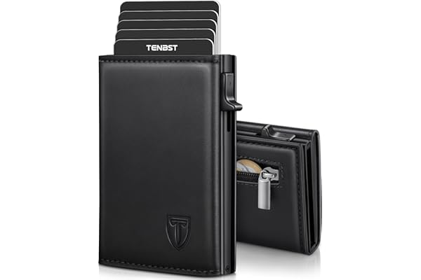 TENBST Cartera Hombre de Cuero, Tarjetero con Bloqueo RFID, Cartera Tarjetero Hombre pequeño para Crédito, Billetes y Monedas con Caja de Regalo