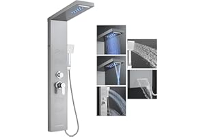 LED Duschpaneel 304 Edelstahl KEOKBON 5 Duschfunktionen Massagedüse Regenfall Handbrause Multifunktion Dusch Für Badezimmer Multifunktion Duschsystem mit armatur Wandduschpaneel Gebürstet