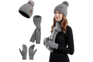 TAGVO Gorro Bufanda Guantes Set para Mujer, 3-in-1 Gorro de Punto Guantes Táctiles Bufanda de Lana con Forro de Fleece pompón Sombreros de Invierno Sets de Regalo para Esquí Senderismo Conducir