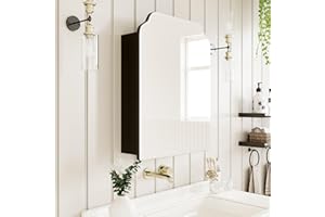 AGDULL Victorian-Style Recessed Bathroom Medicine Cabinet, Wood Wall Cabinet with Curved Mirror, Bathroom Storage Cabinet, Black, 16.5x24 Inch