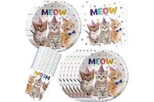 YGCHEN Katze Partygeschirr Kindergeburtstag Deko Kätzchen Geschirr Geburtstag Pappbecher Pappteller Servietten Cat Party Geschirr Supplies 10 Personen