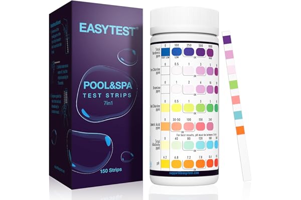 EASYTEST 7 en 1 Testeur pour Eau de Piscine et Spa, 150 test pour tester chlore libre, le chlore total, le brome, la dureté totale, l’alcalinité totale, l’acide cyanurique et le pH