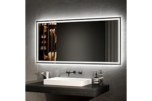 EMKE Miroir Salle de Bain 120x60 cm avec Interrupteur à Bouton, Anti-buée,Miroir Mural, Lumière Blanche Froide/Chaude,Horizontale/Verticale,Miroir Salle de Bain avec Eclairage