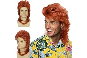 FOUNSHO Peluca Mullet Rojo Para Hombre, Peluca 70s 80s Postizo de Mullet, Mujer Hombre Larga Rizada Pelucas, Adulto Rock Punk Larga Pelucas para Cosplay Disfraz de Fiesta Halloween Carnaval (Rojo)