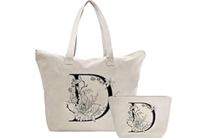 TOOZEN Personalizadas Bolso Tote de Mujer con Inicial, Bolsa de lona con Bolsillo Interior, Bolsa de Compras con Bolso de Cosméticos, Regalos para Damas Mejor Amigas Mamá, Regalo Cumpleaños Navidad D