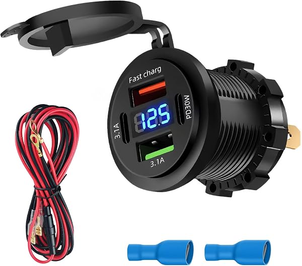 12 Volts 66W Prise USB, 4 Ports Prise de Chargeur de Voiture Double PD 3.1A 30W et Double Rapide Charge USB A avec LED Voltmètre pour Voiture Chargement Rapide pour Bateau Camping-Car Camion Moto - 1
