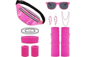 ZABARE 80er 90er Jahre Outfit Accessoires Damen,80er Jahre Hippie Kostüm Accessoires mit Bauchtasche, Stirnband, Beinwärmer,Armbänder,Brille, Ohrring,80er Jahre Kostüm für Neon Karneval Fasching Party