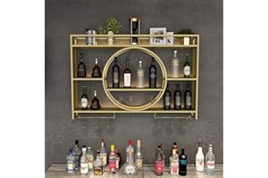 AMHRICHO Wall Mounted Wine Rack, Modern Metal Wall Hanging Wine Racks, Wine Shelf with Glass Rack, Multifunctional Wine Racks Wall Mounted , Round Wine Holder Cabinet for Home Restaurant Bars (Gold, 100cm)