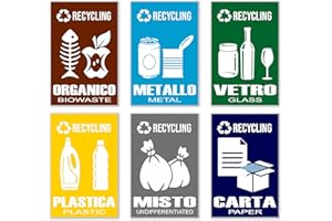 GamesMonkey® - Adesivi Raccolta Differenziata Piccoli Ricliclo Rifiuti Spazzatura v4 - Impermeabili Lavabili Divertenti Bambini - Italiano Inglese - Conformi alla UNI 11686 (15,0 x 10,0 cm, 6 Pezzi)