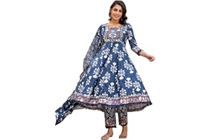 INDACORIFY Indisches Kurti aus bedruckter Baumwolle, schönes Kleid mit Blumendruck und Dupatta-Hose für Damen in Übergröße, Anarkali-Anzug