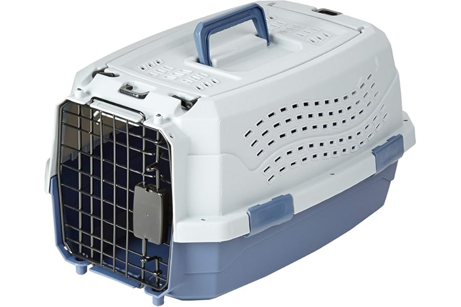 Amazon Basics Hard-Sided Cat Carrier, Two-Door Top-Load Pet Dog/Cat Travel Box Carrier, Blue, 48.3 L x 32 B x 25.4 H cm