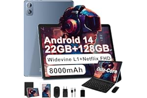 DGHRTI 2025 Newest Tablet 10 Pulgadas Android 14, 22GB RAM + 128GB ROM/TF 1TB, UFS 2.1 Flash, 8-Core 2.0GHz, Widevine L1/8000mAh/Dual WiFi/5MP+8MP/Face ID,BT 5.0, con Carcasa MetÃlica, Teclado y Ratón (Grey)