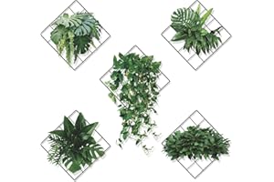 KAZITOO Magic 3D Effect Vivid Green Plants Monstera Leaf Ivy Grid Wall Decor Decal, Vinyl Removable Green Leaves Wall Stickers for Bedroom Living Room Office Kitchen Decorations, Set of 5(22x22cm)