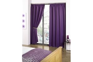 RAYYAN LINEN Thermal Pencil Pleat Blackout Tape Top Pair of Curtains With Free Tiebacks (90" X 90", Aubergine (Purple))