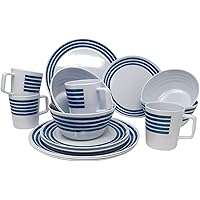 Melamingeschirr-Set Campinggeschirr für 4 Personen 16-teilig Modern Blau-gestreift