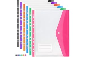 SUJIBHI 6 Pcs Punched Pockets A4 Plastic Wallets File Folders Clear Assorted Coloured Envelope with Label Pocket Snap Button for School Home Office (Side Opening)