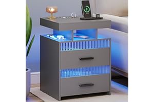 ‎FREDEES FREDEES Grau Nachttisch mit LED Licht & Ladefunktion, Beistelltische mit Menschlichen Körper Induktion 24 Farben Lichter, Nightstand mit 2 Schublade Holz Nachtkommode für Schlafzimmer/Wohnzimmer