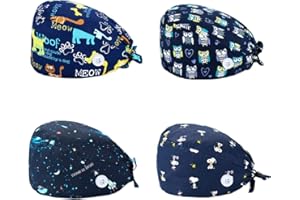 SIMYJOY 4 Pièces Casquettes Bouffantes avec Boutons Bandeau Réglable Casquettes de Travail Turban en Coton Bonnet Imprimées Chapeaux Unisexes
