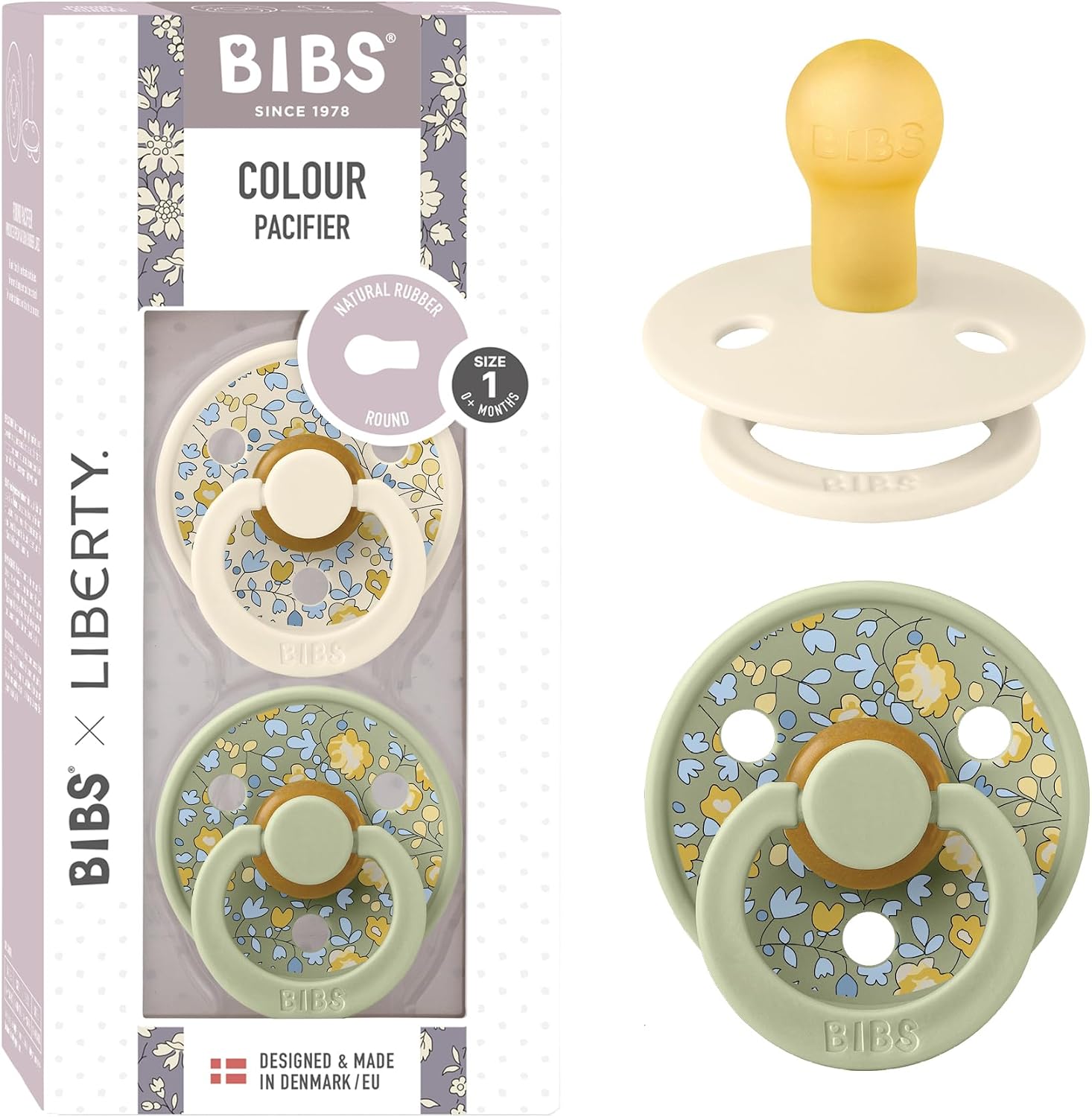BIBS Colour Liberty Paquete de 2 chupetes. Libre de BPA, Tetina redonda. Látex natural, Hecho en Dinamarca, 0+ meses (Paquete de 2), Eloise Sage
