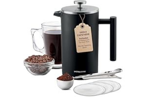 Andrew James Double Walled Stainless Steel Cafetiere Gift Set with 3 Mesh Filters, Coffee Measuring Spoon and Bag Sealing Clip, Delicious French Press Coffee, Easy to Clean (1000ml, Black)