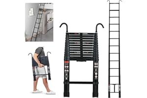 JUPITOR Telescopic Ladder 12FT Aluminum Telescopic Extendable Ladders with Roof Hooks, Telescopic Extension Ladder for Home, Portable Folding Multi-Purpose Ladder for Indoor Outdoor Working, 330lb Capacity