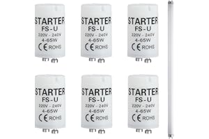 HUKNEQN 6 Pezzi Starter Neon 4-65w, Starter Universale Lampade Neon 220-240V, Starter per Accensione Lampade Fluorescenti, Ignifugo e Sicuro Senza Componenti Radioattivi o Piombo, Illuminazione Efficiente
