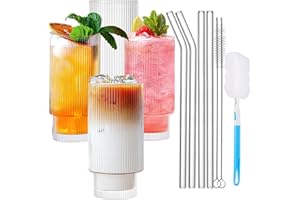 MOYKSRR Zestaw Szklanek Koktajlowych 4 ze Słomkami, Długie Szklanki, Szklanki w Stylu Vintage Origami, Szklanki do Piwa, Mrożone Kubki do Kawy do Domu, Impreza, Smoothie, Piwo, Koktajl, Sok