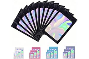 Rimiko 100 Piezas de Bolsa Aluminio Resellable, Bolsa Mylar Hermética para Alimentos, Bolsas Planas Ziplock con Ventana Transparente para el Embalaje de Productos (Negro y Holográfico, 12x20cm)