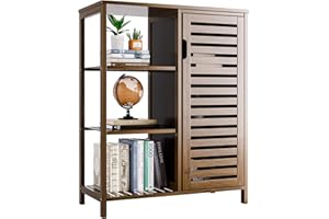 HITNET Armario de Baño de Bambú, Toallero de Baño de Piso Independiente, Organizador de Almacenamiento de Cocina, 1 Puerta y 3 Estantes Abiertos, Nogal