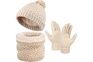 TAGVO Hiver Tricotés Ensemble Bonnet Écharpe Gants D'écran Tactile Femme, Doux Bonnet Cache-Cou Épais et Chaud Gants en tricot avec Doublure en Polaire Cosy 3 Paquet,pour Ski Accessoires d'hiver