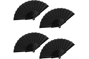 AMJKEJI Hand Fan Folding, 4 Pcs Black Folding Fan, Fabric Hand Fan, Chines Style Handheld Fans for Dancing Cosplay Props Wall Decoration Wedding Party Birthday Christmas