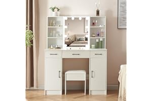LIANWANG Tocador de Maquillaje con Espejo de Luz LED, Brillo Regulable e 3 Temperaturas de Color, Mesa de Tocador con 3 Cajones y 1 Taburete, Tocador de Dormitorio, Blanco