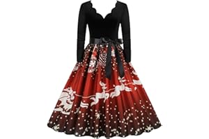 QIUHHPUY Vintage de Navidad para Mujeres Vestidos de Manga Larga de la Vendimia Estampado Navideño Retro Felpa Clásico Vestidos del A-Line de Fiesta Cóctel Rockabilly con Cordones