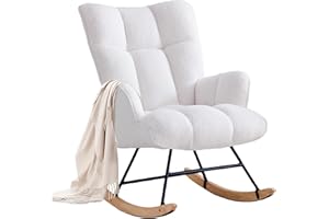 XH.Easy Go Rocking Chair Nursery Teddy Upholstered Glider Rocking Accent Chairs Padded Seat with Rubber Wood Legs Armchair Comfy Side Chair for Living Room Bedroom Offices (White Teddy)