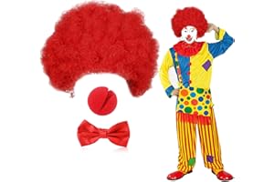 UILYNIU 3 Piezas Conjunto de Disfraz Peluca Roja Peluca Payaso Afro Hombre Mujer Pajarita Nariz Accesorios de Disfraz de Payaso para Fiesta Carnaval