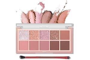 ‎ERINDE Erinde 10 Farben Glitter Lidschatten Palette, Matte Cream Eyeshadow Palette, Natürlich Nude Lidschattenpalette, Highly Pigmented & Wasserfest Koreanische Augen Makeup Set mit Pinsel - Rose Pink