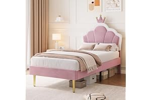 Aptliton Single Bed Frame, Soft Velvet Upholstered Bed, 3ft Shell Shape Bed with Removable Crown, Adjustable Headboard, Golden Iron Legs, Wooden Slatted Frame, 90 * 190cm, Pink