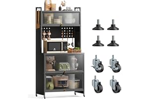Warmiehomy Kitchen Storage Cabinets, Pantry Cupboard with 5 Tiers Bakers Rack, Kitchen Shelves with Transparent Flip Door & 4 Rolling Wheels, 80x40x162cm, Grey
