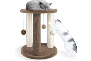 Aibuddy Drapak dla kotów, wieża do drapania z 3 słupkami drapaczowymi, wykładzinowa podstawa, obszar zabawy i okoń (interaktywne zabawki dla kotów, zwisająca piłka, wschód do montażu, 40 x 40 x 47 cm)